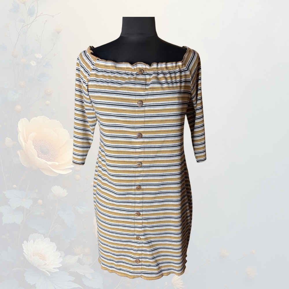 Striped Off-Shoulder Ribbed Knit Dress XL Button Front Bodycon Mustard Neutral